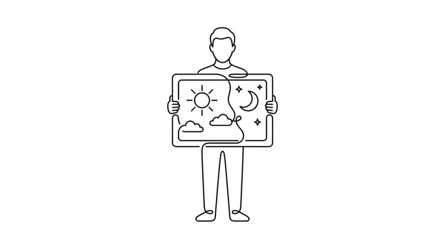 Single Continuous Line Drawing of Person Holding Frame with Day and Night Split, Minimalist Monoline Vector Art