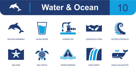 Water and ocean icon set. Containing dolphin, glass water, leaking tap, ocean pollution, octopus tentacle, sea star, sea turtle, wave crest, whale silhouette and more. Solid fill vector icons. © Fifty Icons