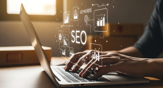 Person typing on a laptop with a glowing digital overlay of seo and data charts representing search engine optimization, digital marketing, and web traffic