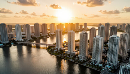 Obraz premium The cityscape features tall buildings reflecting in the water. The sunset casts a warm glow over the skyline, creating a serene urban atmosphere.