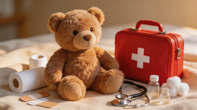 A teddy bear and a first aid kit with medical supplies on a bed, conveying care and safety