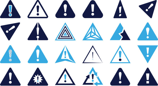 Various warning and alert triangle symbols in blue and dark blue for attention and caution.