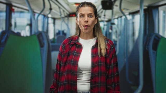 Woman pursing lips in a puckered mouth gesture while standing in a nearly empty bus aisle, wearing a red plaid shirt and white tshirt; urban commute contemplation.