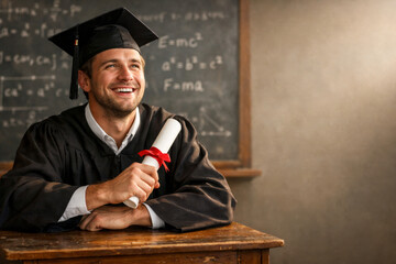 Fototapeta premium Male graduate in gown and cap holding diploma scroll. Classroom chalkboard background with formulas.