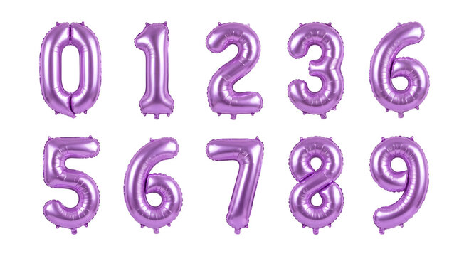 3D Metallic Purple Foil Number Set from Zero to Nine Isolated on White Background