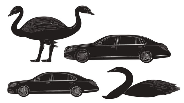 Silhouetted ostrich and swans with two luxury sedans; stylized illustration
