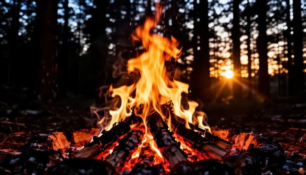 A campfire burns brightly in a forest clearing as the sun sets behind the trees. The flames from the campfire dance and crackle among the logs, creating a warm ambiance.