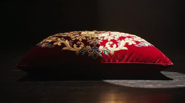 Red velvet cushion with ornate gold embroidery on a dark stage