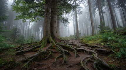 Obraz premium Tree's roots twist in a misty woods.