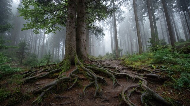 Tree's roots twist in a misty woods.