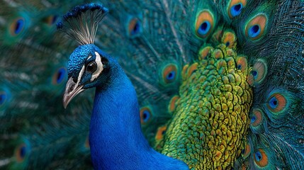 Obraz premium Male peacock shows off bright feathers in Lincoln, Nebraska.