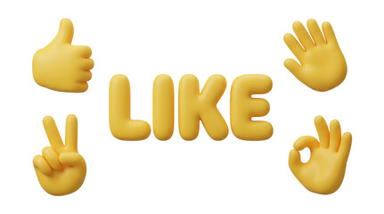 Obraz premium Yellow 3D cartoon hand gestures with like text including thumbs up and peace sign