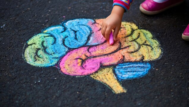 A child's hand drawing a colorful brain with chalk on the pavement, showcasing creativity and learning in a fun and playful way.