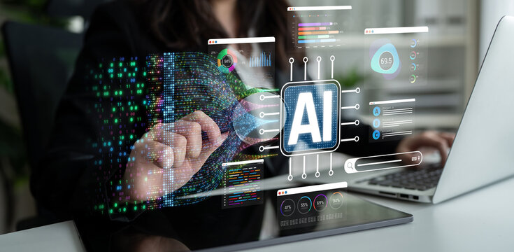 Business professional engaged in artificial intelligence technology research with digital graphics and data visualization overlaying modern workspace Sigmoid