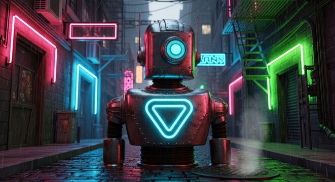 A metallic robot with a glowing chest and eye stands in a neon-lit, rain-slicked alley