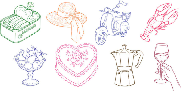 Italian  Set with Sardines, Scooter, Moka Pot, and Lemons, la dolce vita style,  line art Artwork 