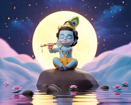 Baby Krishna playing flute on rock in lotus pond under full moon 3D render