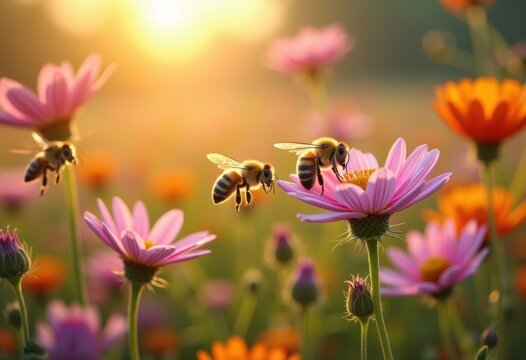 Bountiful Wildflower Meadow Teeming with Energetic Bees in a Sunny Summer Day