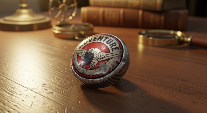Close-up of a vintage adventure cap with aged design, resting on a wooden surface