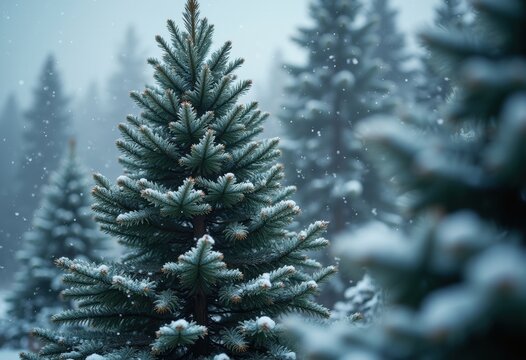 Conically Shaped Spruce Tree with Dense Snow-Covered Branches Against a Winter Wonderland Sky