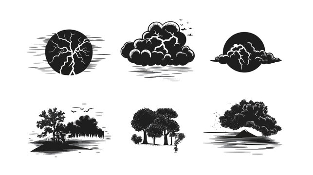 Black and white nature illustrations of storms, trees, landscapes, and skies, including birds