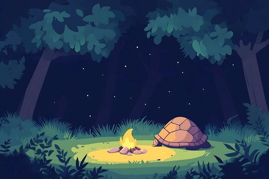 Turtle by the campfire in the forest