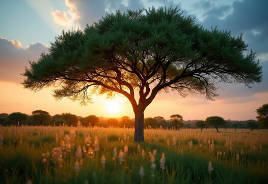 Feathery Acacia Tree Compound Leaves Savanna Winter Twilight Exotic Flora