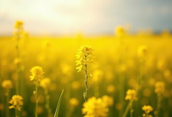Obraz premium Golden Yellow Carpet of Rapeseed Field Spanning Endless Farmland Under Soft Cloudy Sky