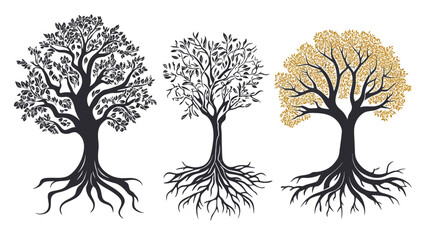 Obraz premium Three stylized trees with roots and foliage, a depiction in shades of black and yellow on white background