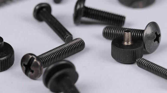Metal mounting screws close-up. Macro image.