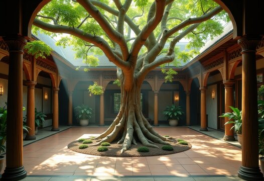 Impressive Banyan Tree with Dramatic Aerial Roots Nestled in Cozy Courtyard Oasis