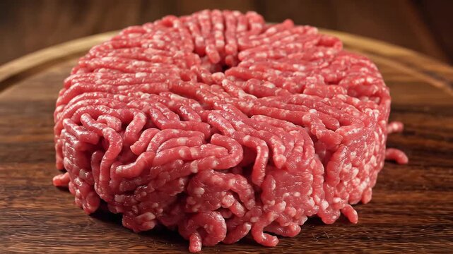 Raw Ground Beef Pile on Wooden Cutting Board Close Up.