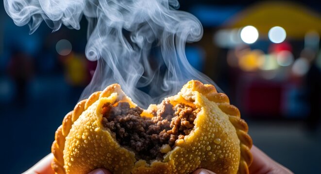 Hand holding hot empanada with steam rising at night market