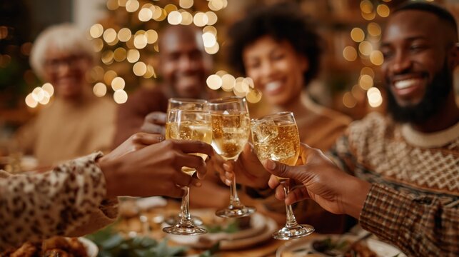 Joyful African family celebrating with toasts at a festive holiday dinner