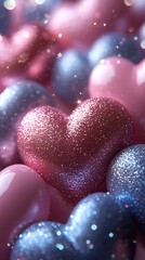 Fototapeta premium Shiny red and white heart candies flying in soft bokeh, festive romantic dessert illustration for Valentine marketing and branding
