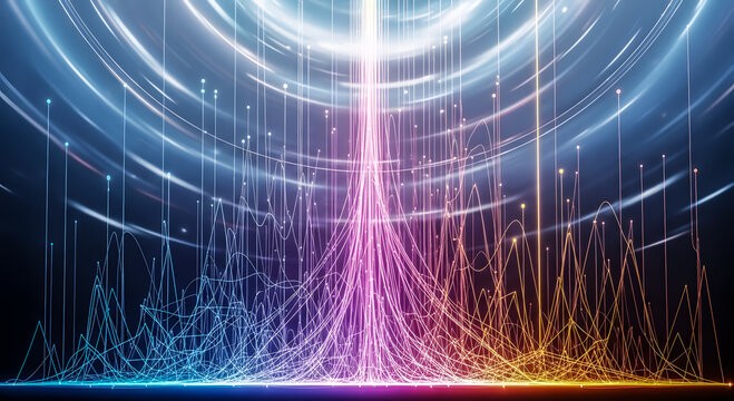 An abstract representation of flowing data and light trails creating a vibrant digital landscape.