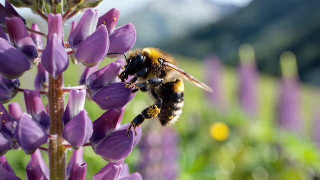 Closeup of a fuzzy bumblebee collecting nectar from a vibrant purple lupine flower in a sunlit meadow.
