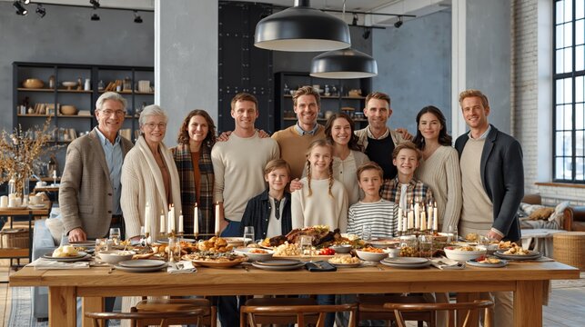 Multi-generational family gathering around a festive dining table in a modern loft
