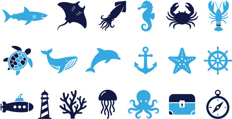 Marine life and nautical symbols for sea exploration and ocean themes. © Creative BD