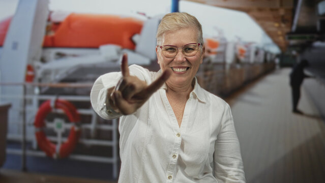 Woman showing rock horns hand gesture on cruise deck building with smiling face; joy travel adventure.