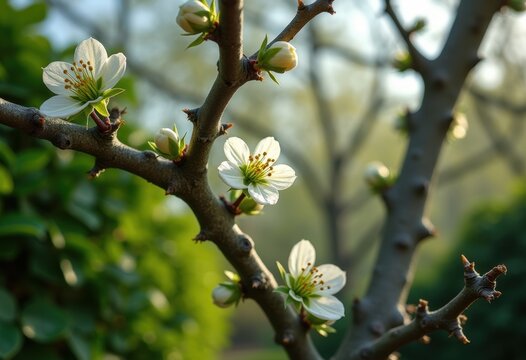 Thorny Hawthorn Tree Branches in Bloom With White Flowers Natural Hedge Landscape