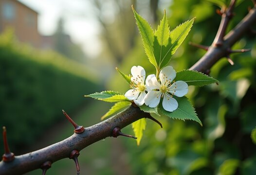 Thorny Hawthorn Tree Branches in Bloom With White Flowers Natural Hedge Landscape