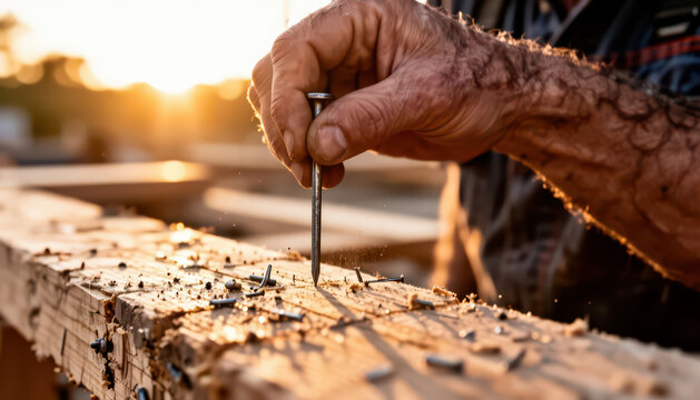 A man is nailing a metal nail into a wooden board. The man's hand grips the nail firmly as sunlight illuminates the scene, highlighting the wood and nails.