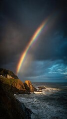 Naklejka premium Dramatic Rainbow Over Rocky Coastline at Sunset
