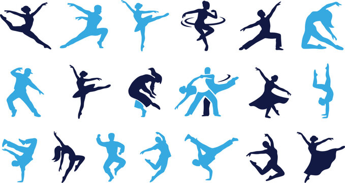 Collection of blue silhouettes depicting various dance styles and artistic movement poses.
