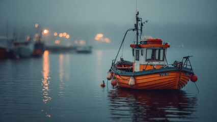Obraz premium Fishing Boat at Dawn in Harbor