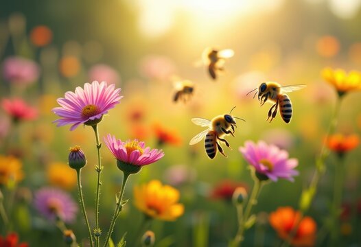 Vibrant Wildflower Meadow filled with Busy Bees Summer Adventure in Full Bloom Interactive Atmosphere