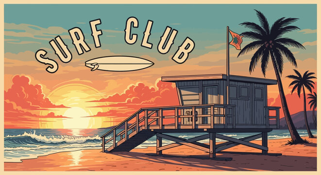 Vibrant beach scene with surf club lifeguard tower at sunset.