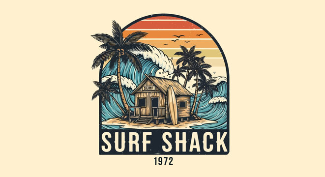 Vintage surf shack tropical logo design.