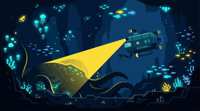 An evocative Flat Design illustration of a deep-sea submersible exploring the mysterious depths of an ocean trench, highlighted by bioluminescent organisms.